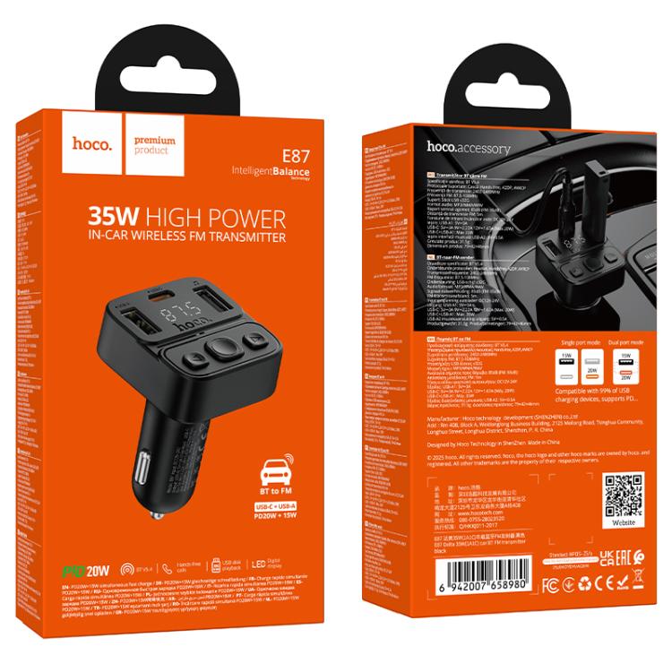 HOCO E87 Bluetooth FM Transmitter with 35W Dual USB Car Charger