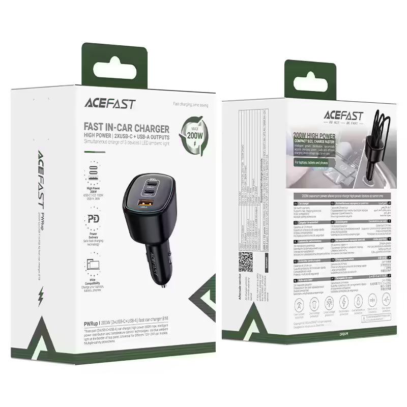 ACEFAST B18 200W 3-Port Car Charger (2× USB-C + USB-A)