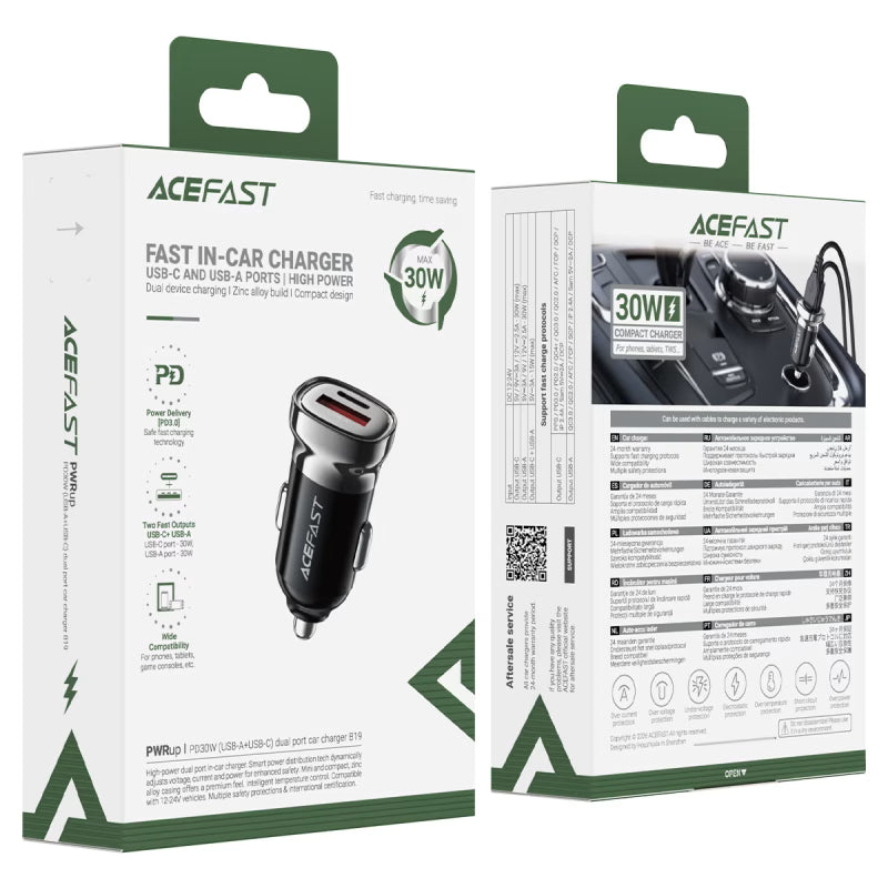 Fast Charge Car Charger B19 30W (1xUSB-C + 1xUSB-A)
