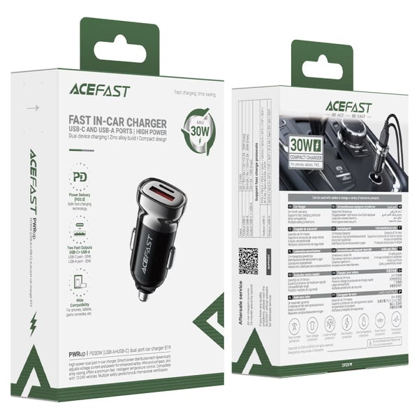 Fast Charge Car Charger B19 30W (1xUSB-C + 1xUSB-A)
